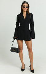 V Neck Long Sleeve Button Front Tulip Skirt Dress in Black