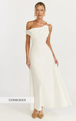 Off The Shoulder Hardware Detail A Line Dress in White