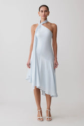 Evelina Halter Asymmetric Hem Midi Dress - Ice Blue