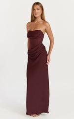 Strapless Structured Bodice Drape Skirt Dress in Plum