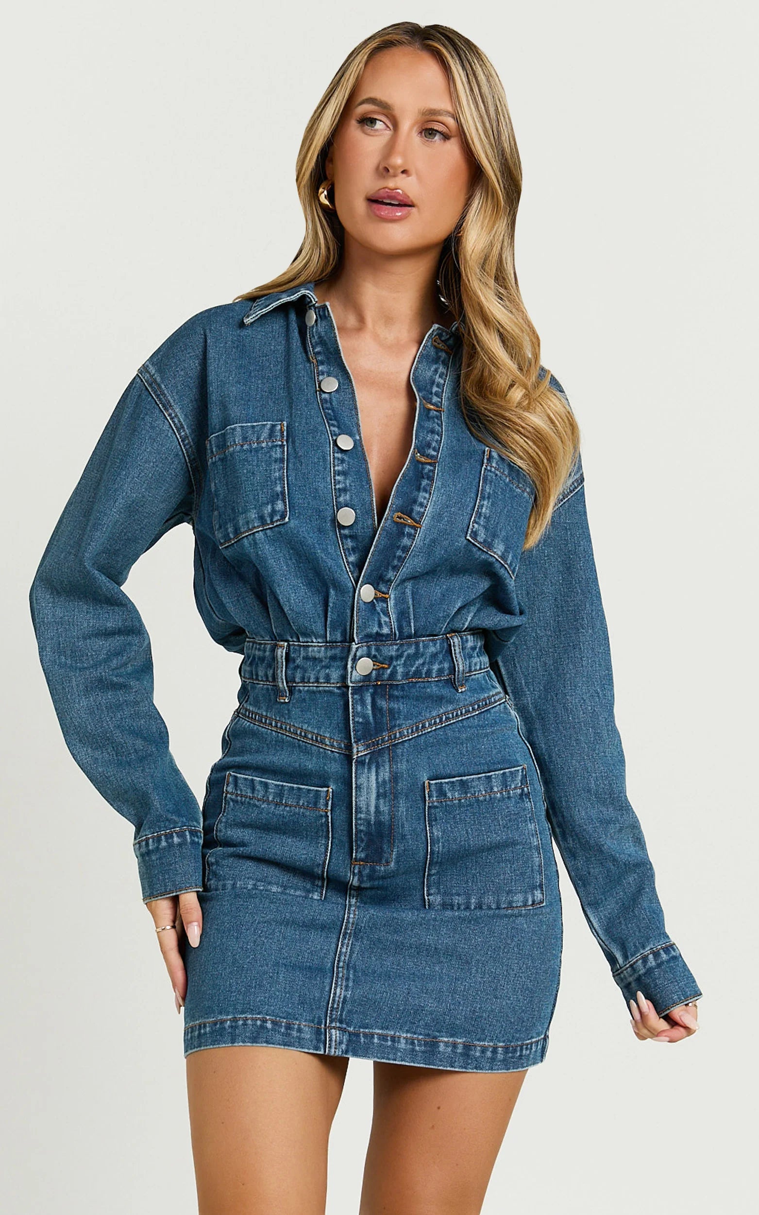 Long Sleeve Button Through Denim Dress in Dark Blue Wash