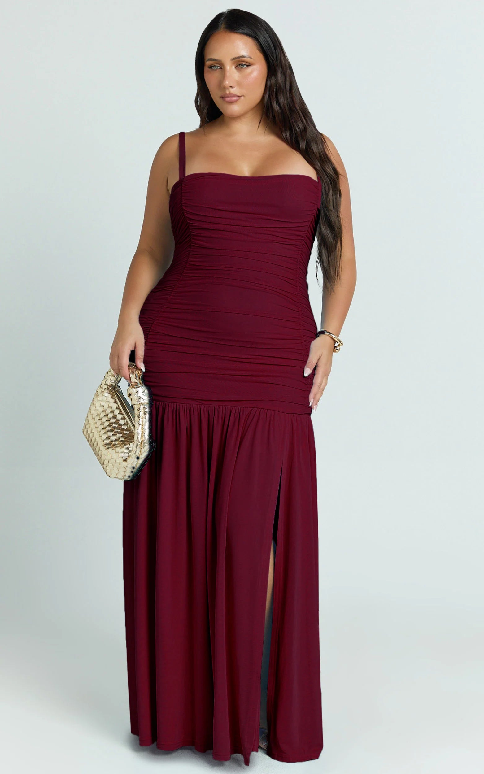 Ruched Mesh High Leg Split Dress in Wine