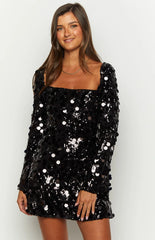 Marienne Black Large Sequin Long Sleeve Mini Dress