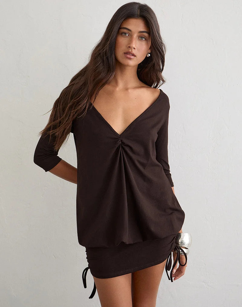 Sundari Quarter Sleeve Mini Dress in Rayon Jersey Chocolate Brown