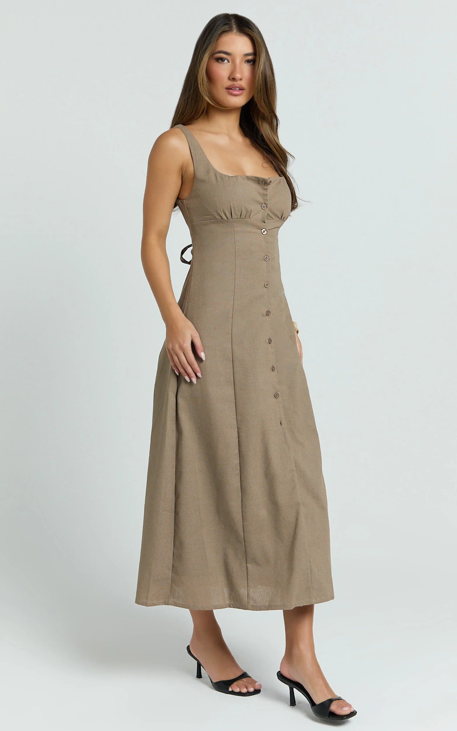Button Front Tie Back Dress in Mocha
