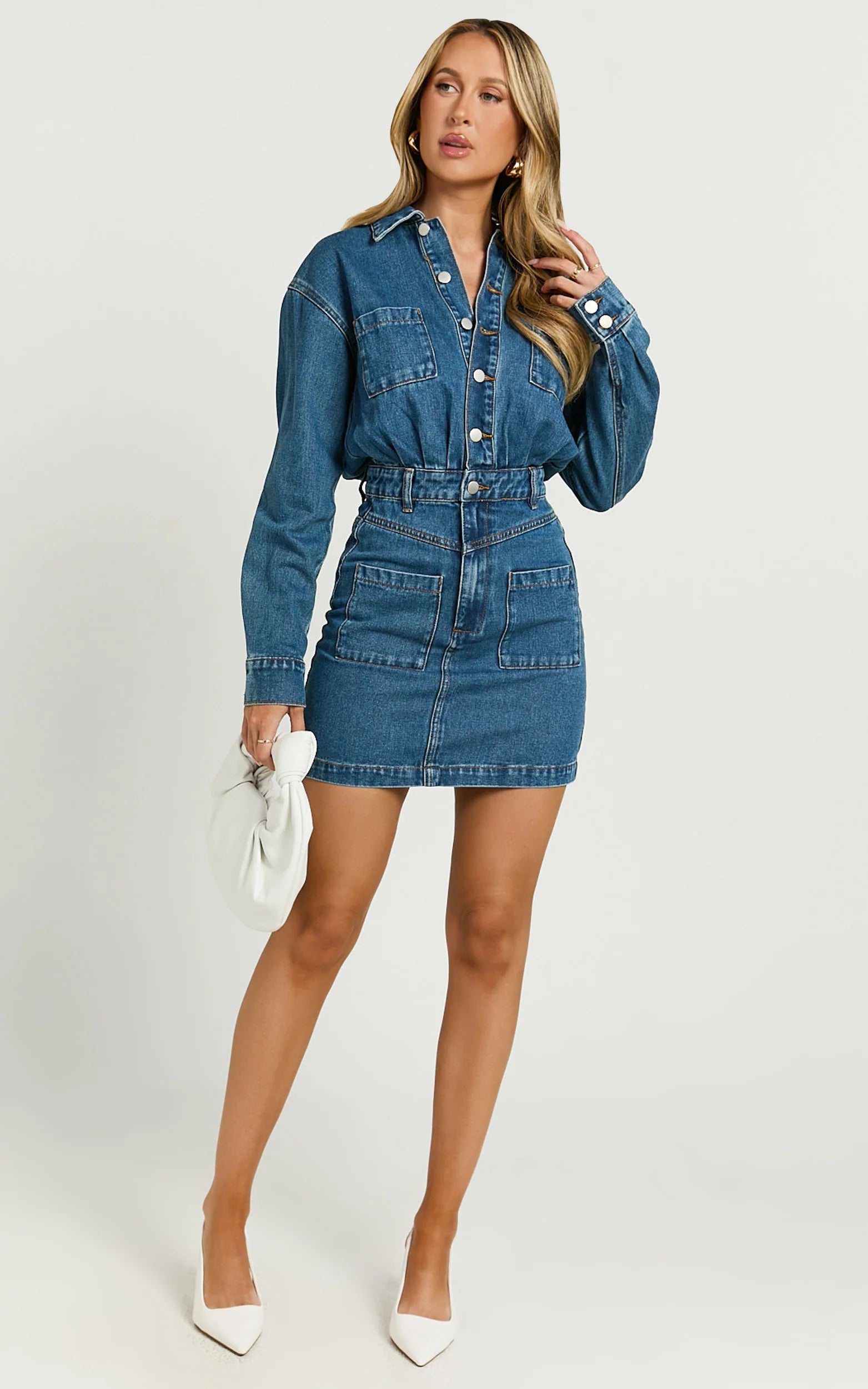 Long Sleeve Button Through Denim Dress in Dark Blue Wash