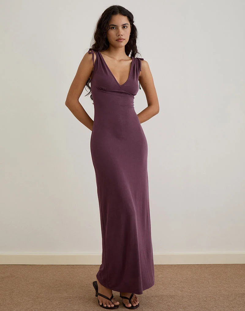Sanyu Plunge Maxi Dress in Cupro Deep Purple