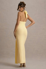 Sunflower | Pale Lemon Ruched High-Neck Split Maxi Dress