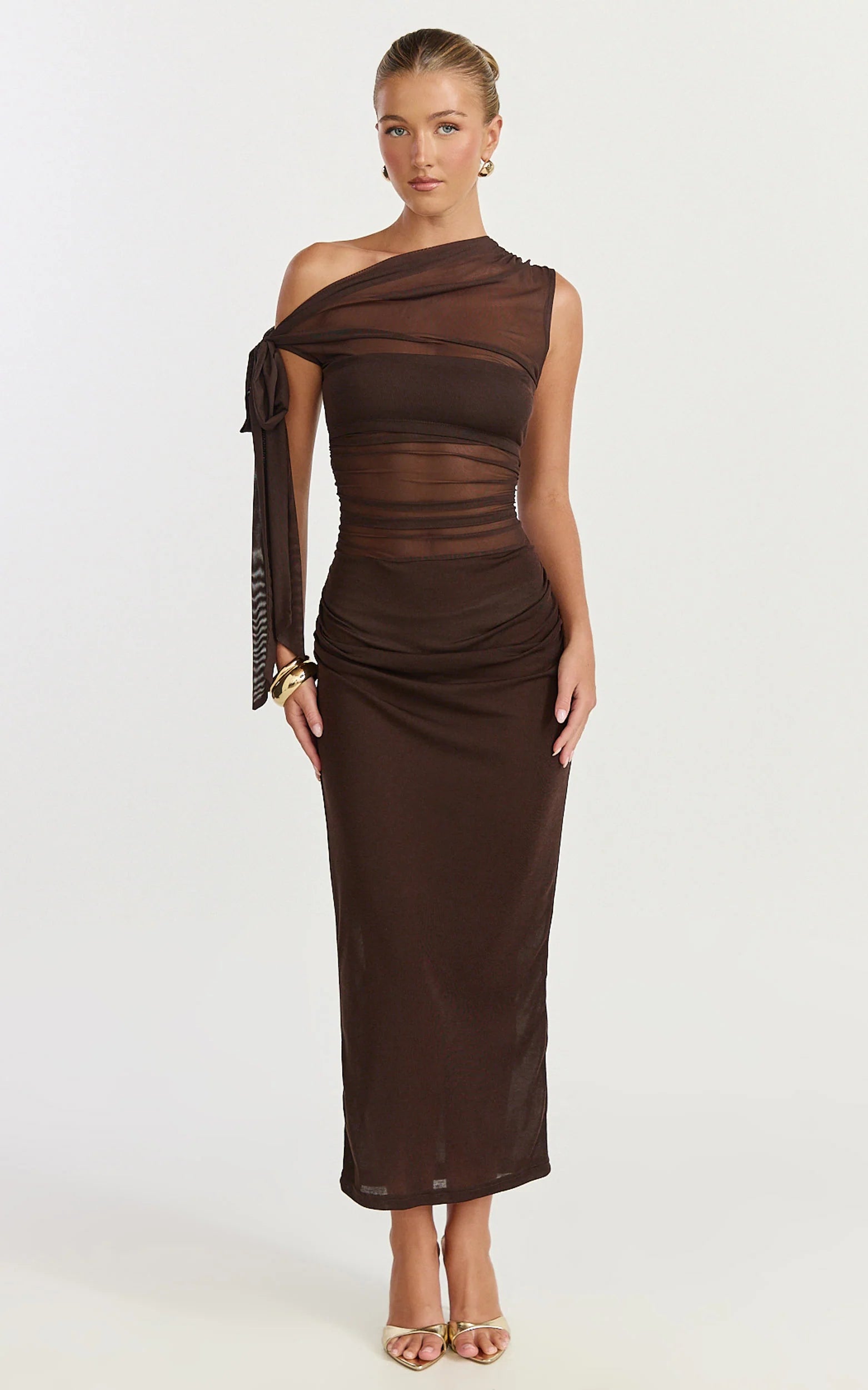 Asymmetrical Off Shoulder Tie Detail Dress in Chocolate