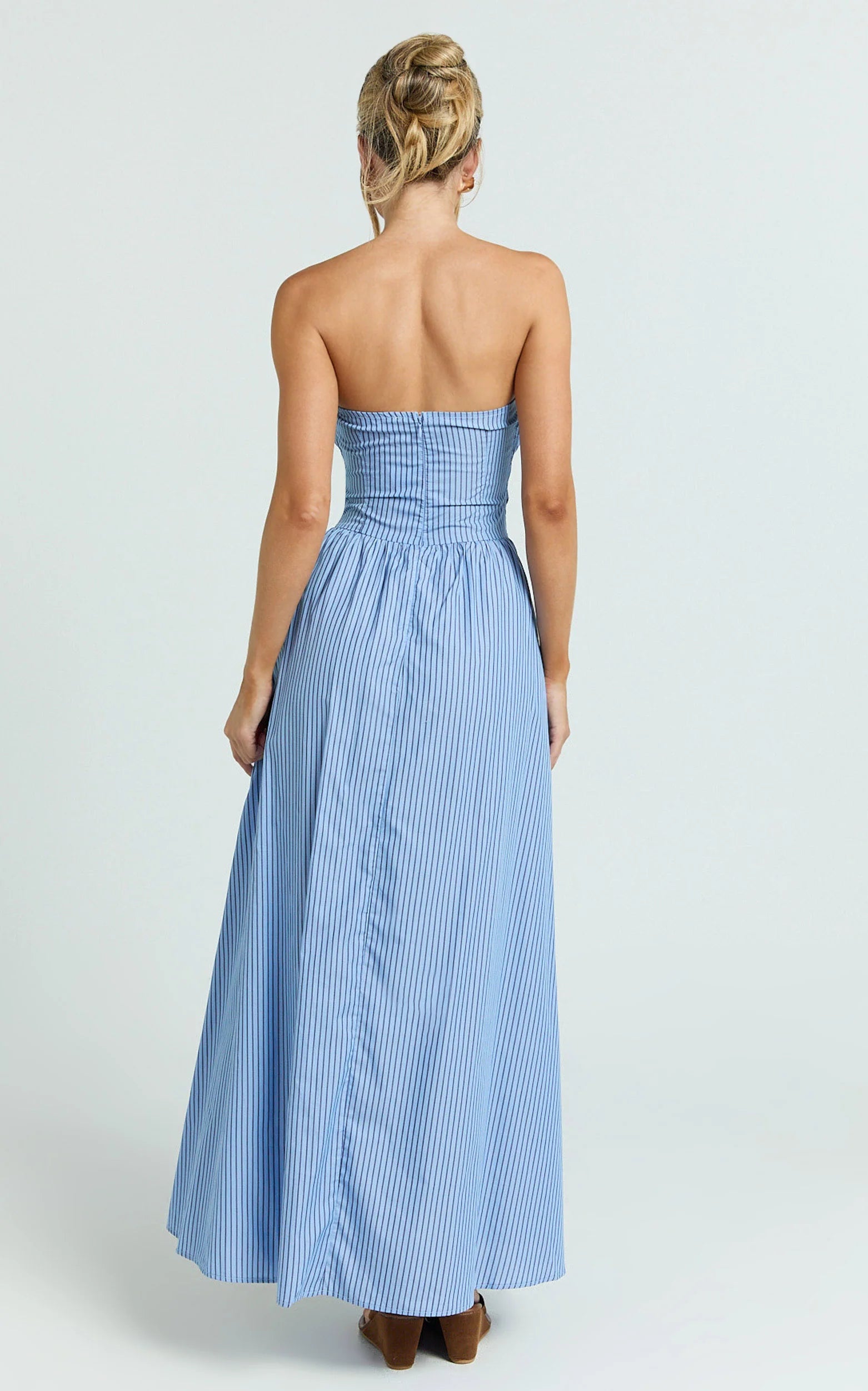 Strapless Smocked Dress in Blue Stripe