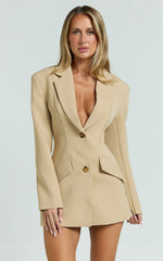 Collared Double Breasted Blazer Dress in Beige