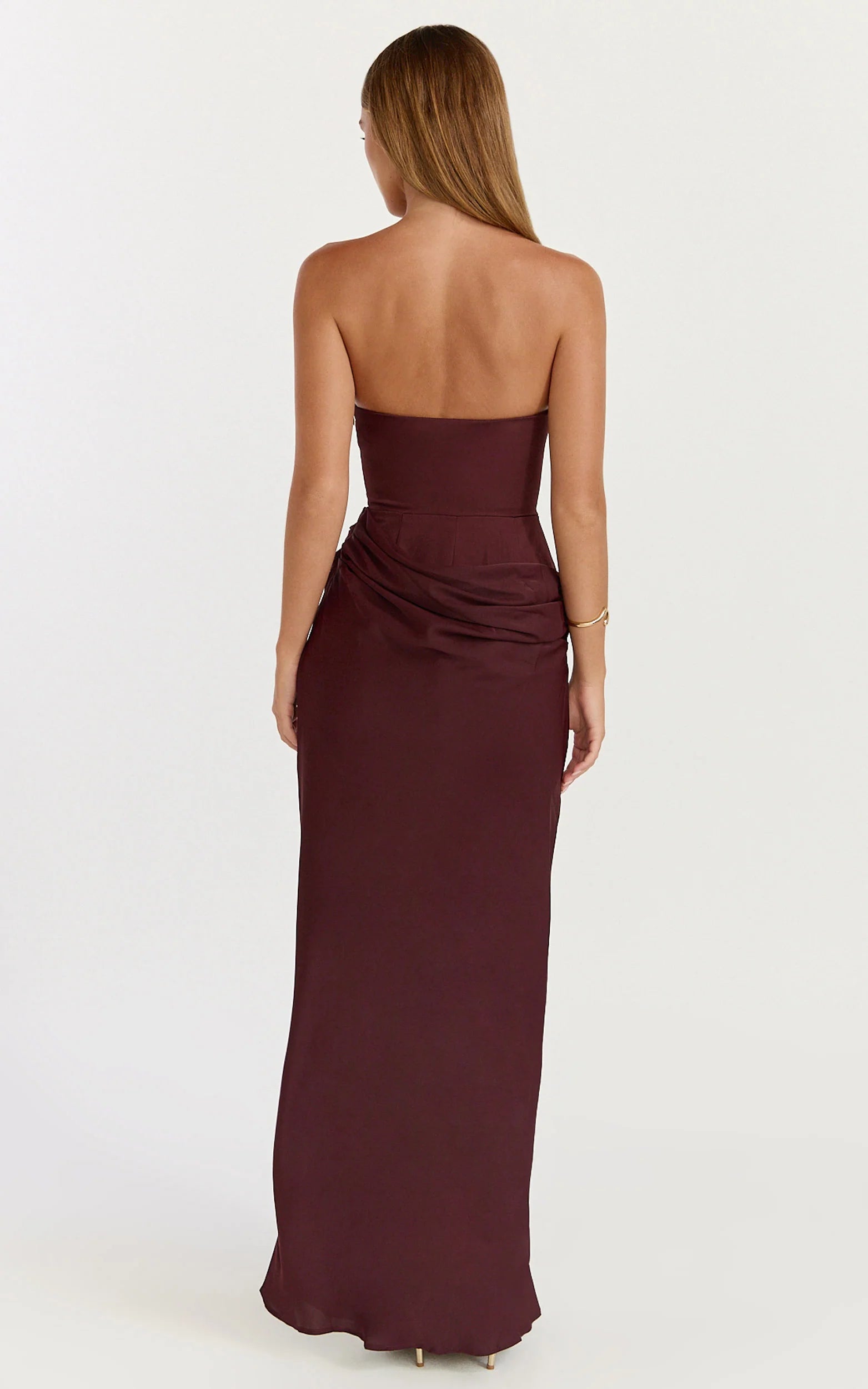 Strapless Structured Bodice Drape Skirt Dress in Plum